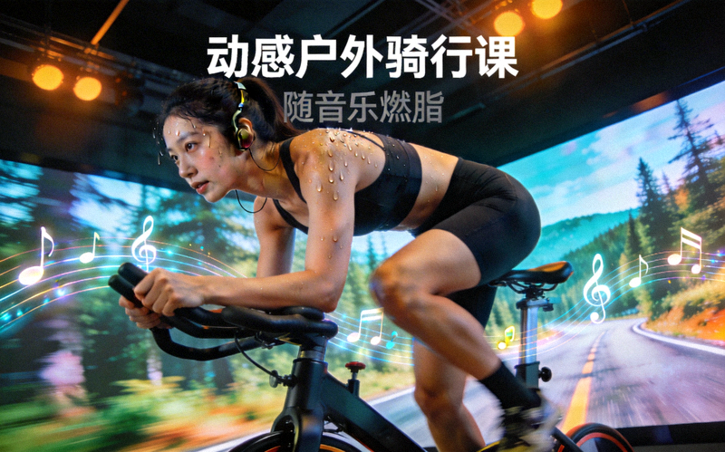 动感单车课程，模拟户外骑行，在音乐中挥洒汗水