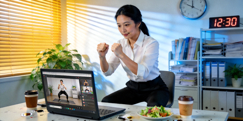 都市白领利用午休时间在办公室参与线上健身课程