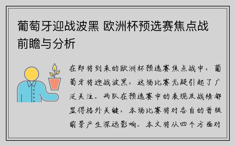 葡萄牙迎战波黑 欧洲杯预选赛焦点战前瞻与分析