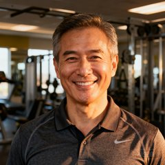 深圳某连锁健身房采购总监张先生的职业头像，中年男性，面带微笑，穿着运动polo衫，背景为健身房训练区