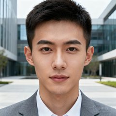 杭州某科技企业园区行政经理王先生的头像，年轻男性，短发精干，穿着灰色西装，背景为现代化办公园区